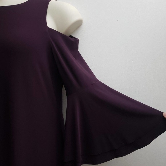 Ralph Lauren Cold Shoulder Shift Dress 12 Solid Purple Flared Sleeves Stretchy - Picture 4 of 6
